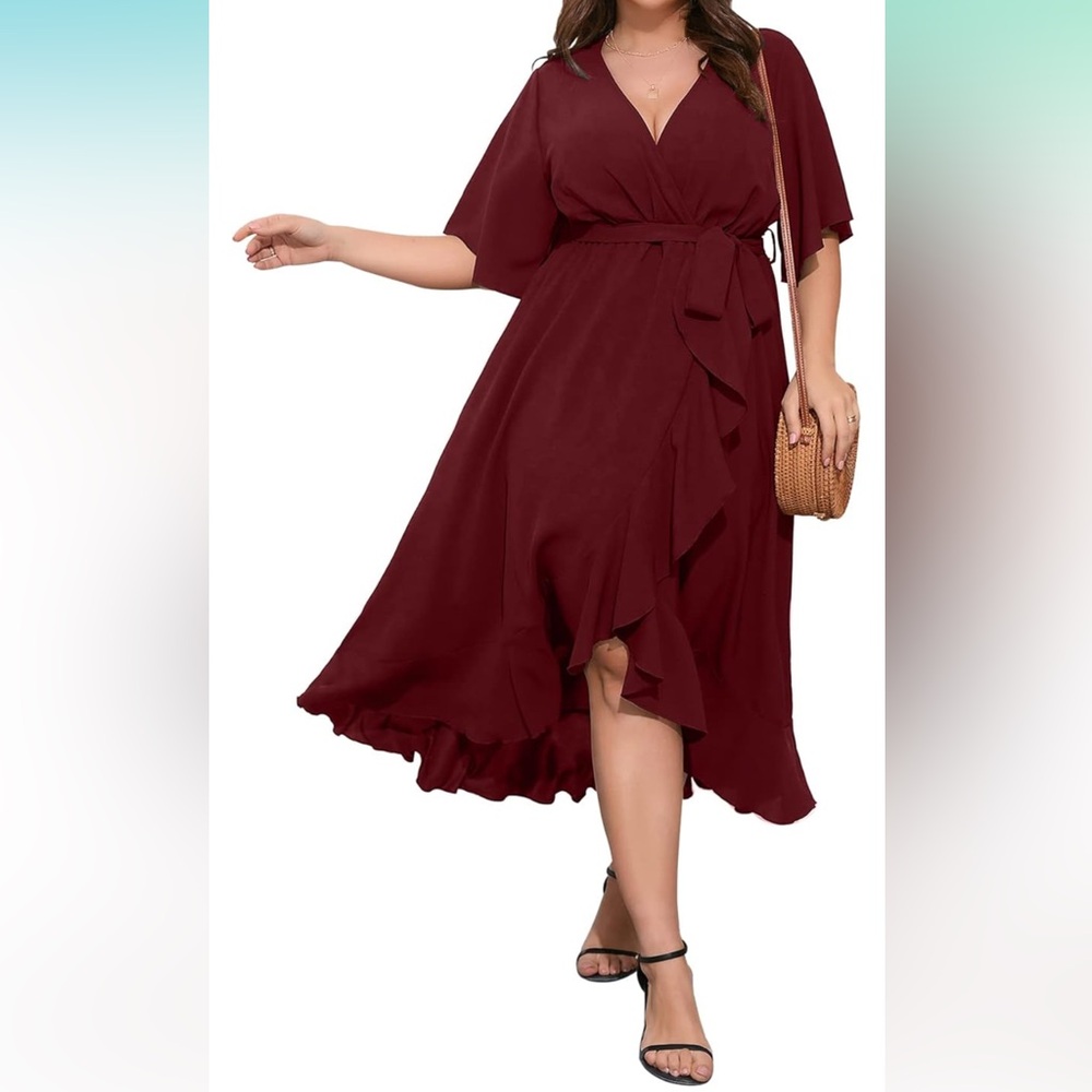 Deleting 4/30. Burgundy Faux Wrap V neck Dress with Sleeves and Ruffle Detail 1X